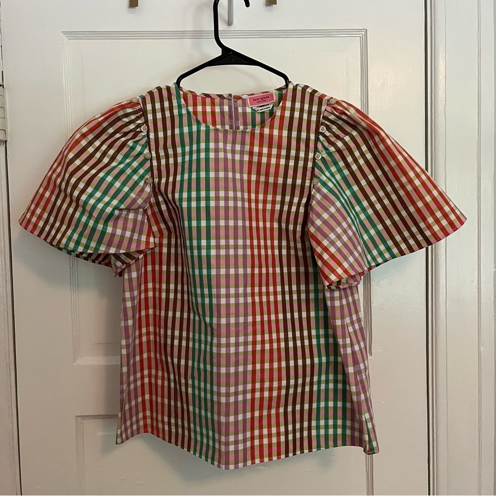 Kate Spade Rainbow Plaid Button Sleeve 100% Cotton Blouse - Picture 2 of 6